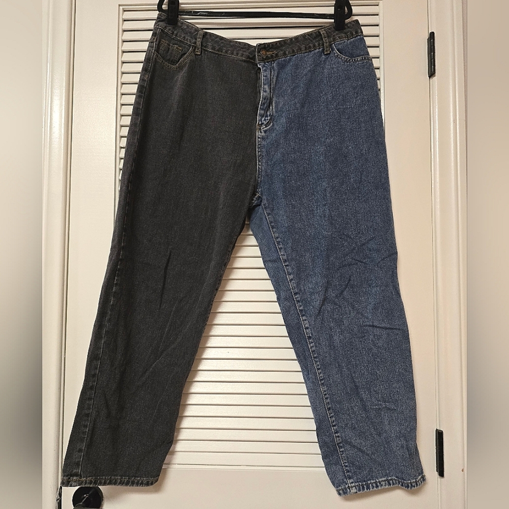 SHEIN - (Plus-Size) Split Two-Tone Grey & Blue Jeans With Pockets